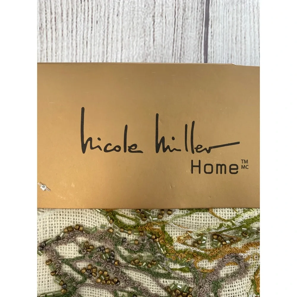 Nicole Miller Home Table Runner Fall 16x54 Cream Jute Beaded Embroidered Leaves